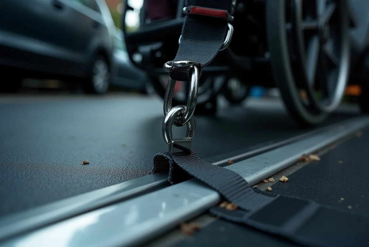 Pas mocujący wózek wpięty w szynę w podłodze busa