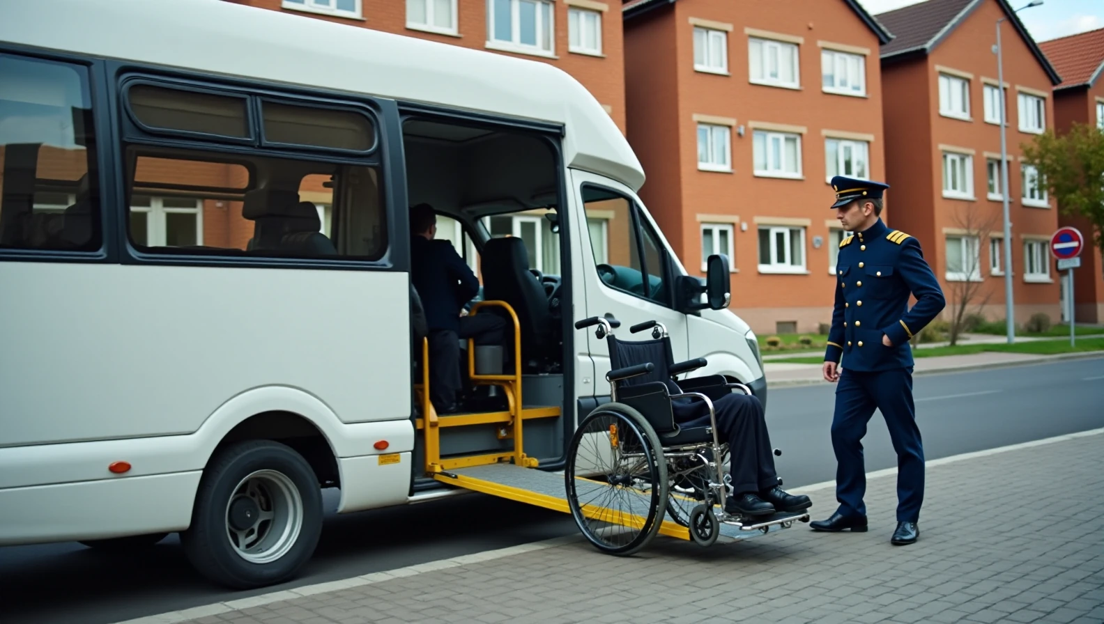 Biały bus z opuszczoną windą boczną przy krawężniku, kierowca prowadzi wózek